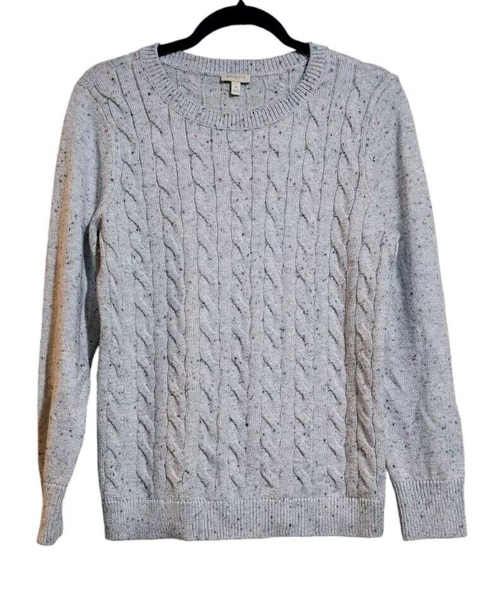 Talbots Sweater Womens M Gray Cable Knit Round Neck Long Sleeve Fisherman Preppy